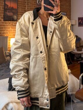 Satin Bomber Jacket in Champagne - Classic Varsity Style - Size L